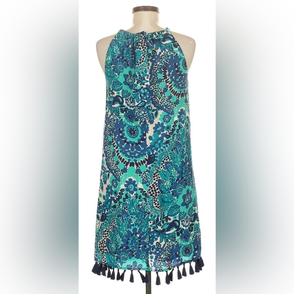 Trina Turk Blue Green Floral Halter Dress Tassel Hem Women’s Size 2 NWT - Picture 3 of 6